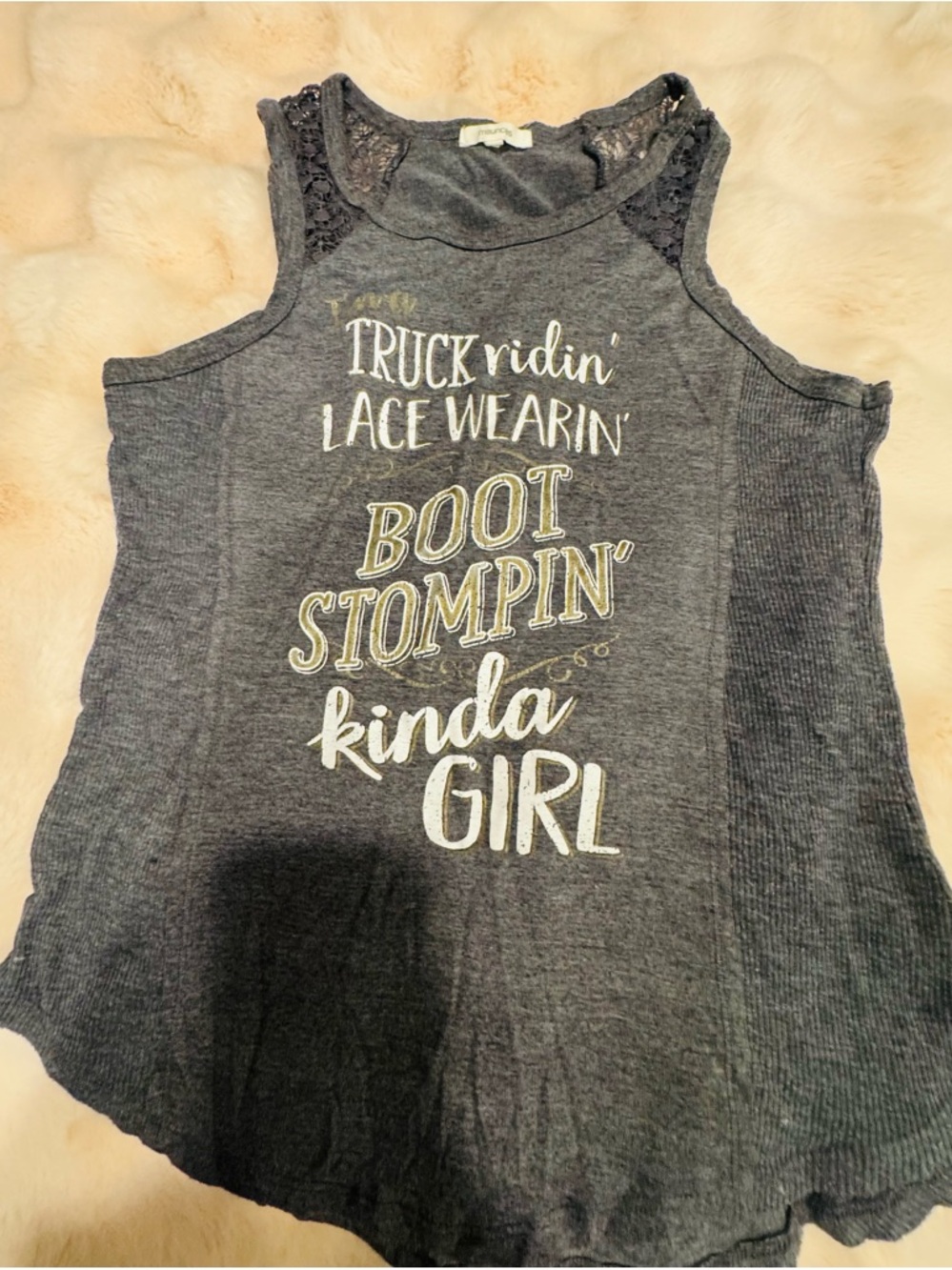 Maurices Charcoal Gray Graphic Lace-Shoulder Tank Top